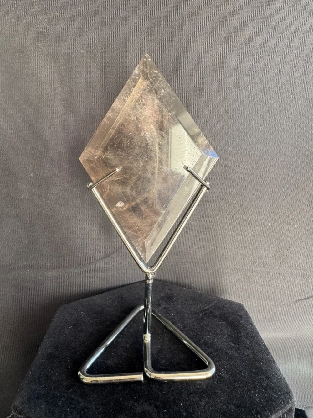 Smoky Quartz Crystal Faceted Diamond on Metal Stand